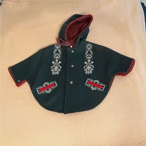 Vintage toddler Embroidered Hooded Cape - Forest Green and Red